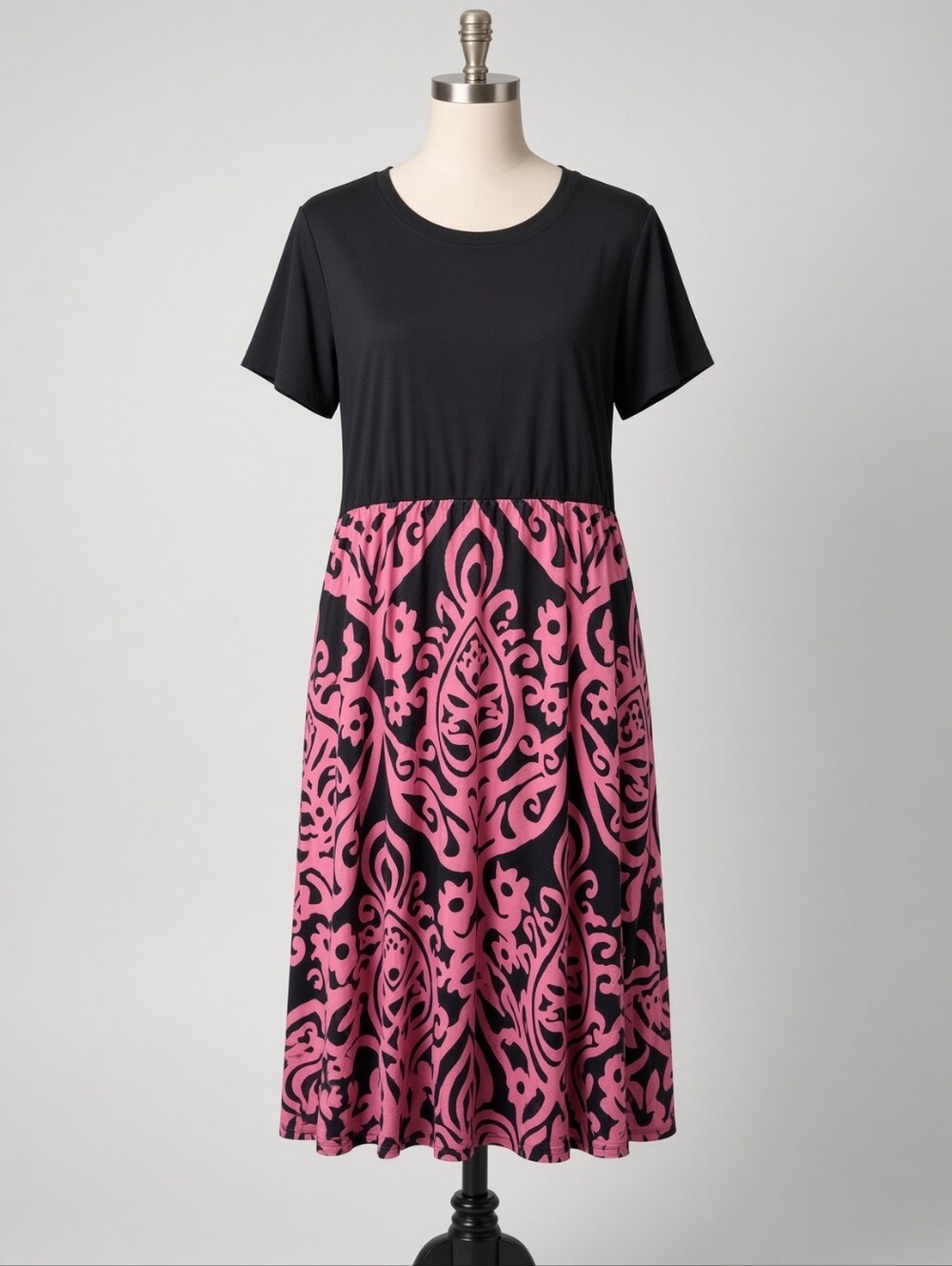Size 22 Black & Pink Patterned Midi Dress
